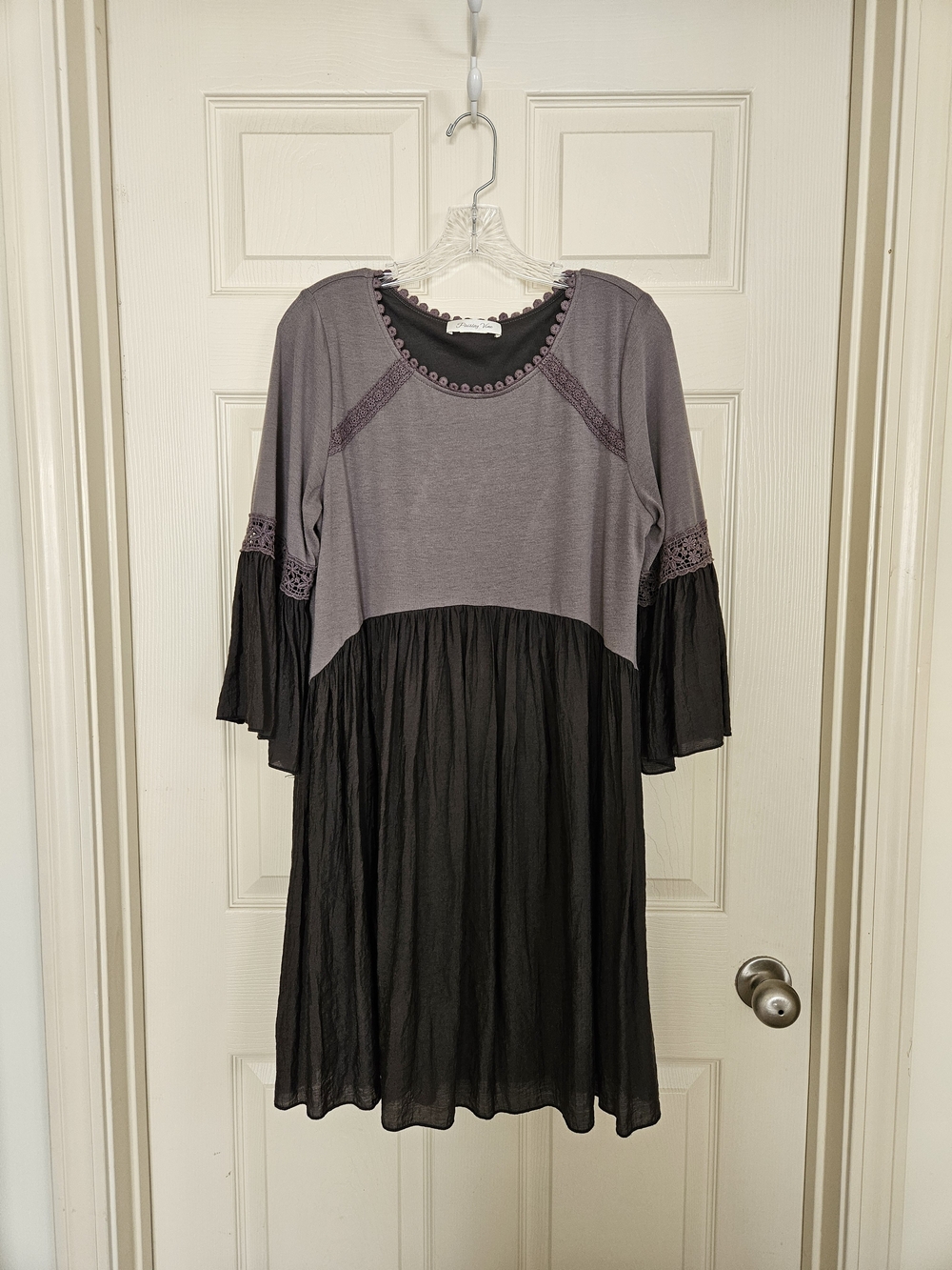 Grey and Charcoal Women's Dress with Lace Trim